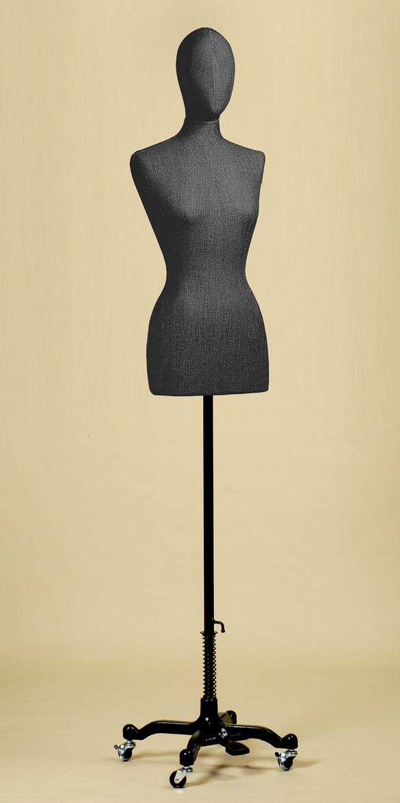 FEMALE TAILORS DUMMY MANNEQUIN IN BLACK LINEN MIX FABRIC WITH WHEEL STAND